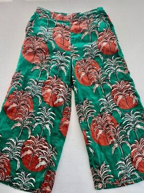 Nicole Miller 100% Flax Linen Tropical Palm Crop Wide Leg Pant Womens Large